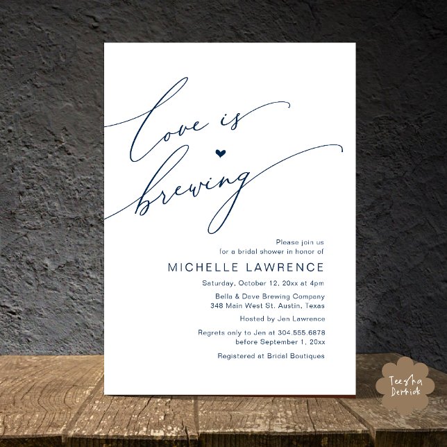 Love is Brewing, Bridal Shower Party Celebration Invitation (Love is Brewing, Bridal Shower Beer Party Wine Tasting Invitation Card PDF Contemporary Navy Blue)