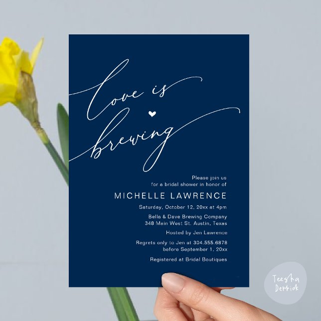 Love is Brewing, Bridal Shower Party Celebration Invitation (Love is Brewing, Bridal Shower Beer Party Wine Tasting Invitation Card PDF Contemporary Navy Blue)