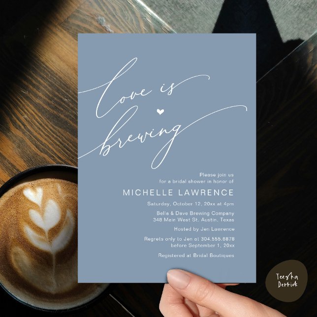 Love is Brewing, Bridal Shower Party Celebration Invitation (Love is Brewing, Bridal Shower Beer Party Wine Tasting Invitation Card PDF Contemporary Dusty Blue)