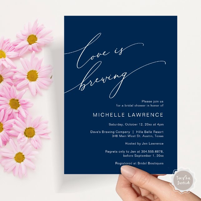Love is Brewing, Bridal Shower Party Celebration Invitation (Love is Brewing, Bridal Shower Party Celebration Invitation Card, PDF, Navy Blue)