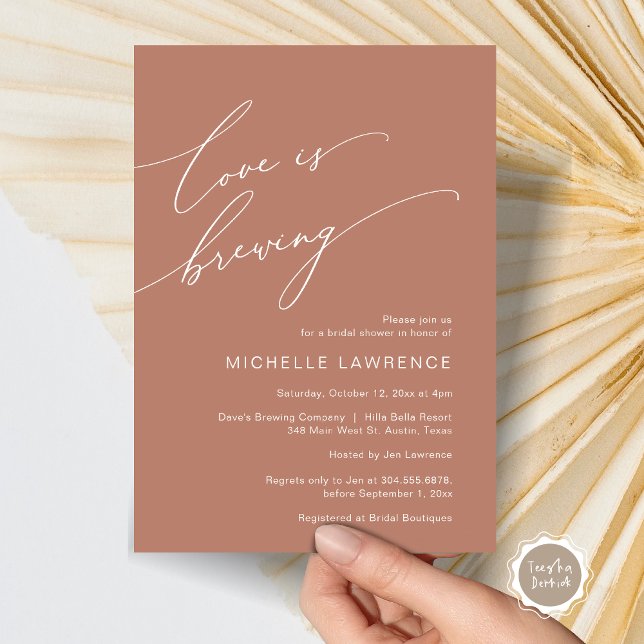Love is Brewing, Bridal Shower Party Celebration Invitation (Love is Brewing, Bridal Shower Party Celebration Invitation Card, PDF, Terracotta Earthy Brown)