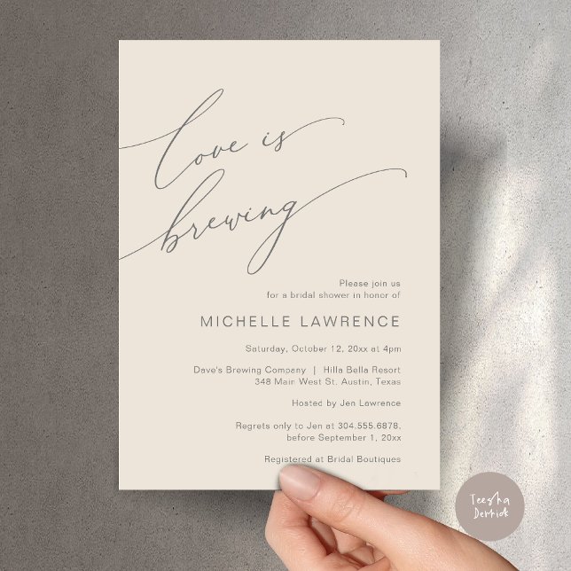 Love is Brewing, Bridal Shower Party Celebration Invitation (Love is Brewing, Bridal Shower Party Celebration Invitation Card, PDF, Cream Grey)