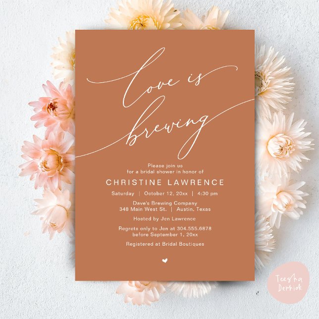 Love is Brewing, Bridal Shower Party Celebration Invitation (Love is Brewing, Bridal Shower Party Beer Wine Tasting Romantic Invites Card Charm Copper Brown)
