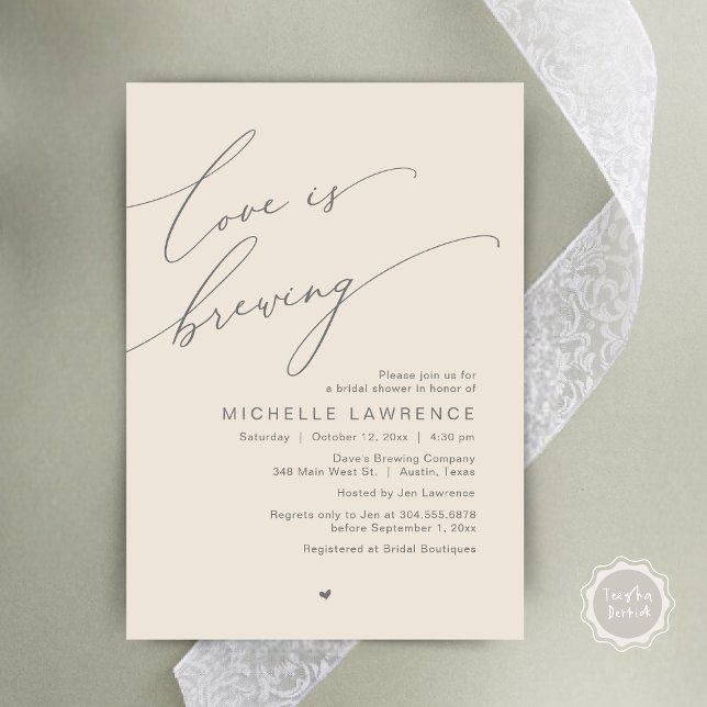 Love is Brewing, Bridal Shower Party Celebration Invitation (Love is Brewing, Bridal Shower Party Beer Wine Tasting Romantic Invites Card Charm Cream Grey)