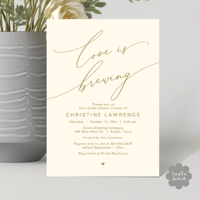 Love is Brewing, Bridal Shower Party Celebration Invitation (Love is Brewing, Bridal Shower Party Beer Wine Tasting Romantic Invites Card Charm Yellow Gold)