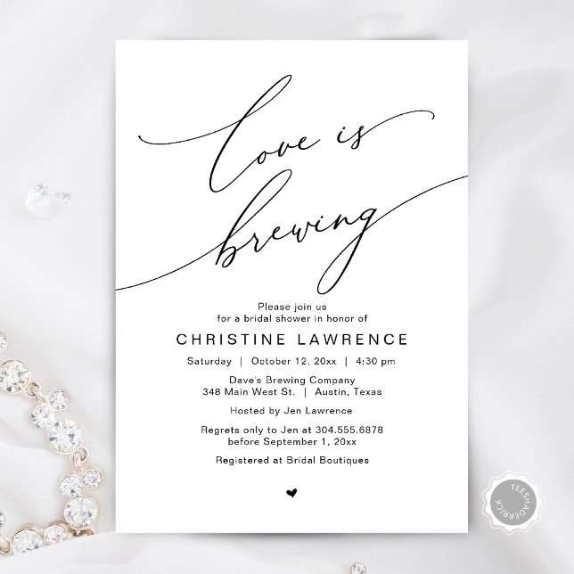 Love is Brewing, Bridal Shower Party Celebration Invitation (Love is Brewing, Bridal Shower Party Beer Wine Tasting Romantic Invites Card Charm White Black)