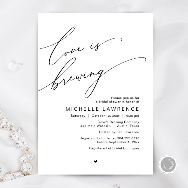 Love is Brewing, Bridal Shower Party Celebration Invitation (Love is Brewing, Bridal Shower Party Beer Wine Tasting Romantic Invites Card Charm White Black)