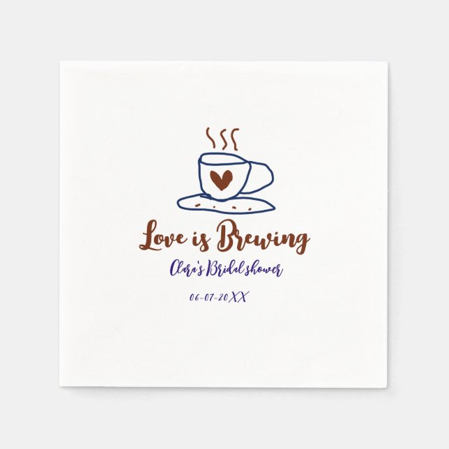 Love is Brewing brown blue bridal shower add name  Napkins (Front)