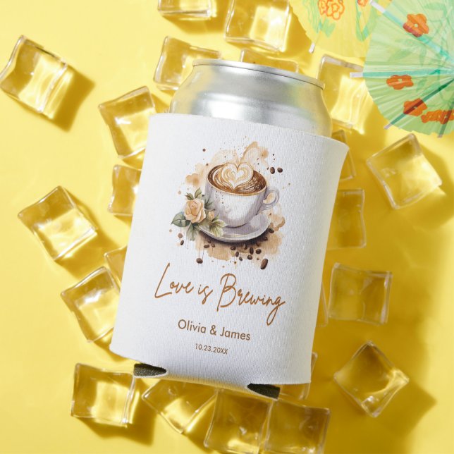 Love is Brewing Brown Coffee Bridal Shower Wedding Can Cooler (In Situ Summer)