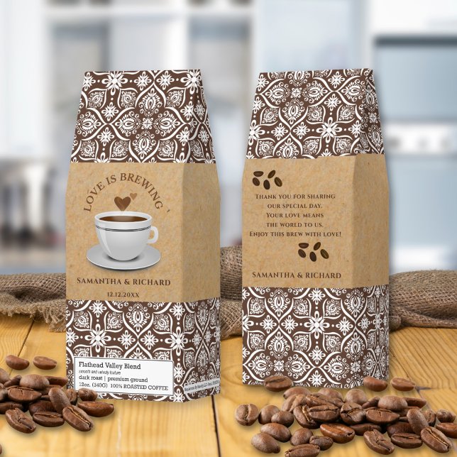 Love Is Brewing Brown Damask Kraft Wedding Favor Roasted Coffee (Creator Uploaded)