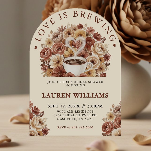 Love is Brewing Brown Floral Coffee Heart Bridal Invitation (Creator Uploaded)