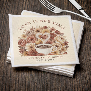 Love is Brewing Brown Floral Coffee Heart Bridal Napkins
