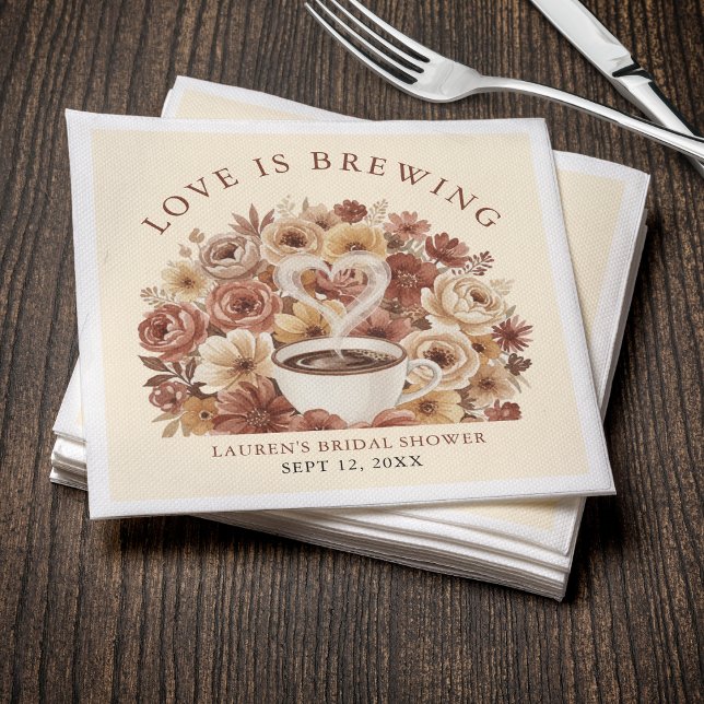 Love is Brewing Brown Floral Coffee Heart Bridal Napkins (Love is Brewing Brown Floral Coffee Heart Bridal Napkins
)