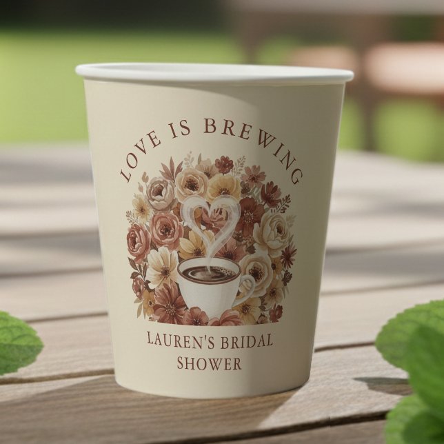 Love is Brewing Brown Floral Coffee Heart Bridal Paper Cups (Love is Brewing Brown Floral Coffee Heart Bridal Paper Cups
)