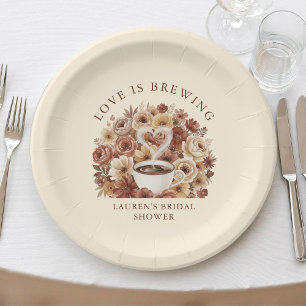 Love is Brewing Brown Floral Coffee Heart Bridal Paper Plates