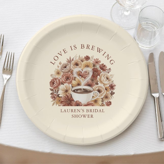 Love is Brewing Brown Floral Coffee Heart Bridal Paper Plates (Love is Brewing Brown Floral Coffee Heart Bridal Paper Plates
)