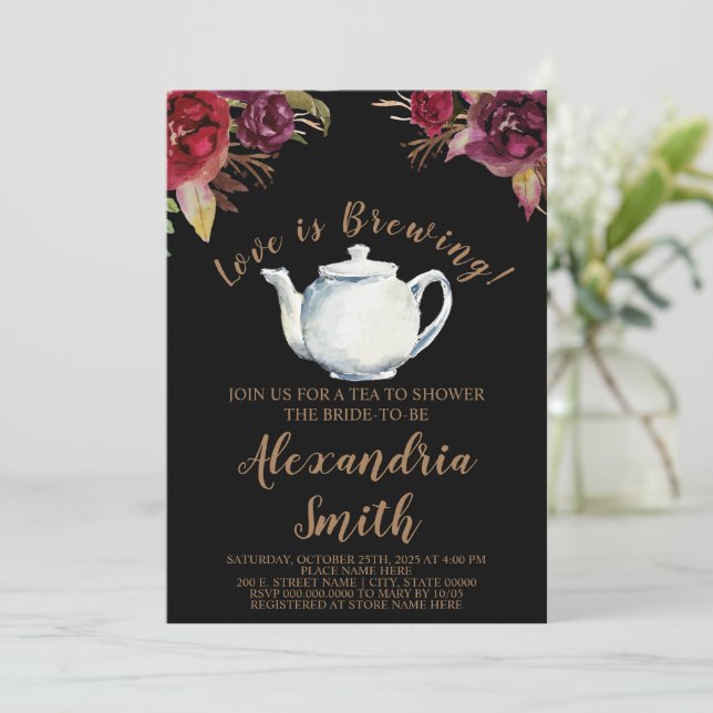Love is Brewing | Burgundy Tea Bridal Shower Invitation (Standing Front)