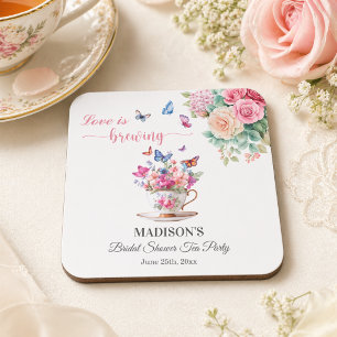 Love is Brewing Butterfly Bridal Shower Tea Party Beverage Coaster