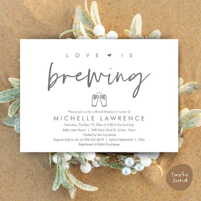 Love is brewing, Casual Beer Party Bridal Shower Invitation (Love is brewing, Modern Casual Romantic Beer Party Bridal Shower Invitation Card, PDF, Grey)
