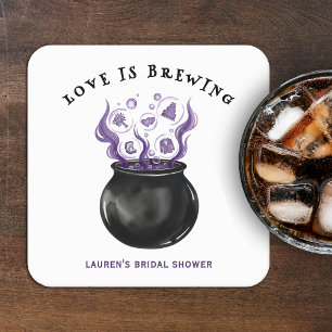 Love is Brewing Cauldron Halloween Bridal Shower Square Paper Coaster