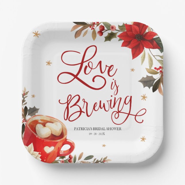 Love Is Brewing Christmas Bridal Shower Paper Plates (Front)