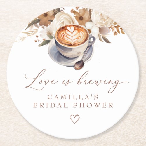 Love Is Brewing Coffee Boho Bridal Shower Round Paper Coaster