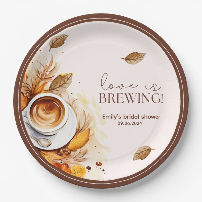 Love is brewing coffee Bridal shower Brunch Paper Plates (Front)