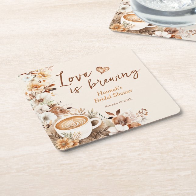 Love is Brewing Coffee Bridal Shower Favor Square Paper Coaster (Angled)