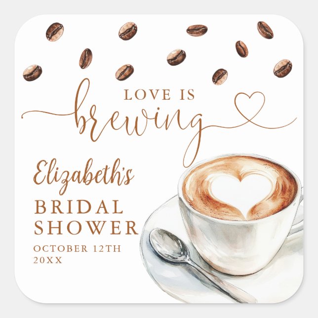 Love Is Brewing Coffee Bridal Shower Favor Square Sticker (Front)