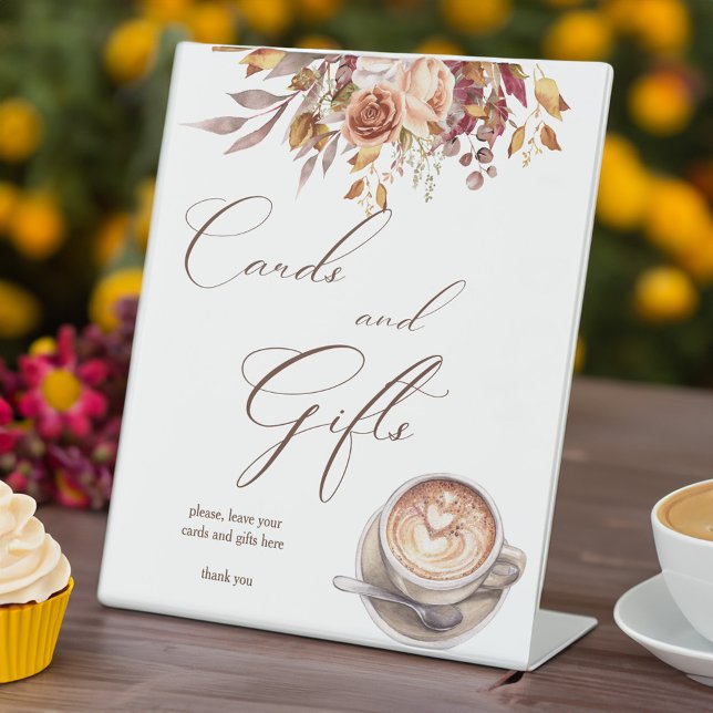 Love is brewing coffee bridal shower gifts table pedestal sign (Love is brewing coffee fall bridal shower gifts table pedestal sign personalized table decor)