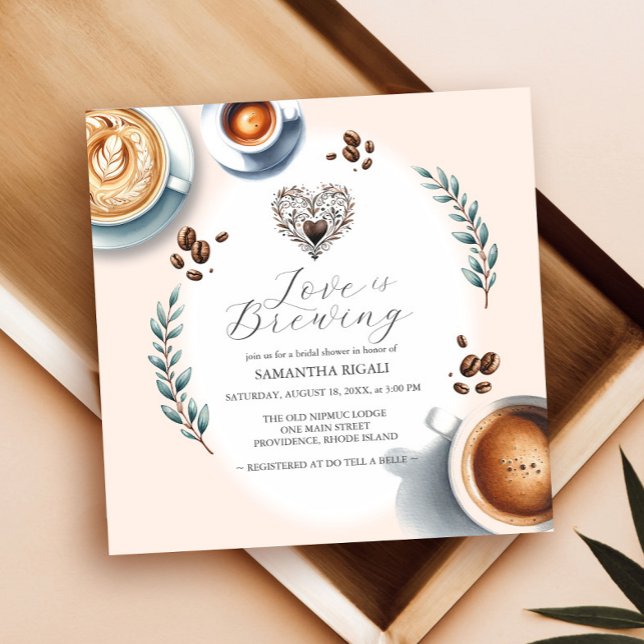 Love is Brewing Coffee Bridal Shower Invitation (love is brewing coffee bridal shower invitations with a watercolor theme and brown heart.)