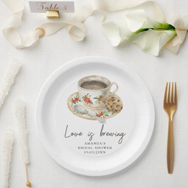 Love is brewing Coffee Bridal shower Paper Plates (Wedding)