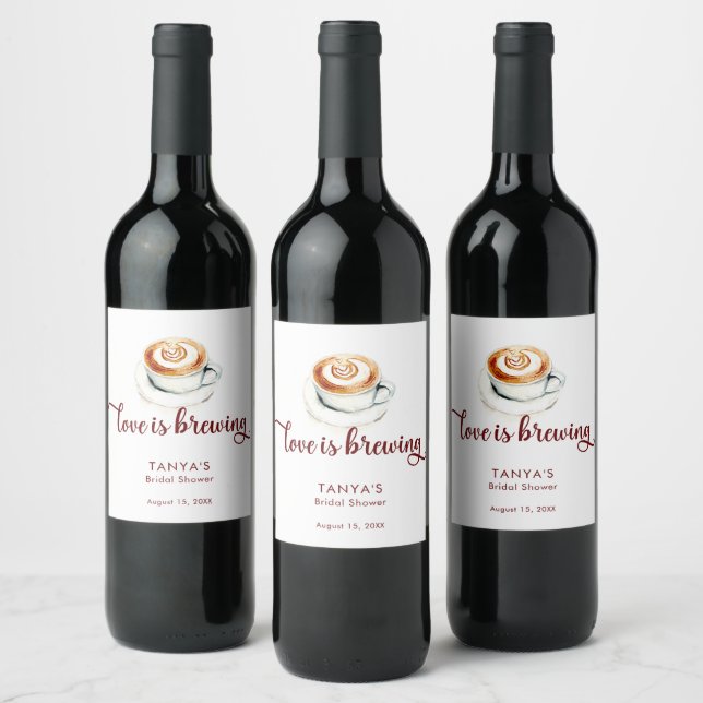 Love is Brewing Coffee Bridal Shower Script Wine Label (Bottles)