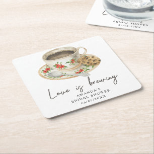 Love is brewing Coffee Bridal shower Square Paper Coaster