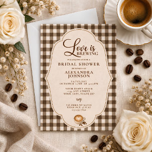Love Is Brewing Coffee Brown Gingham Bridal Shower Invitation