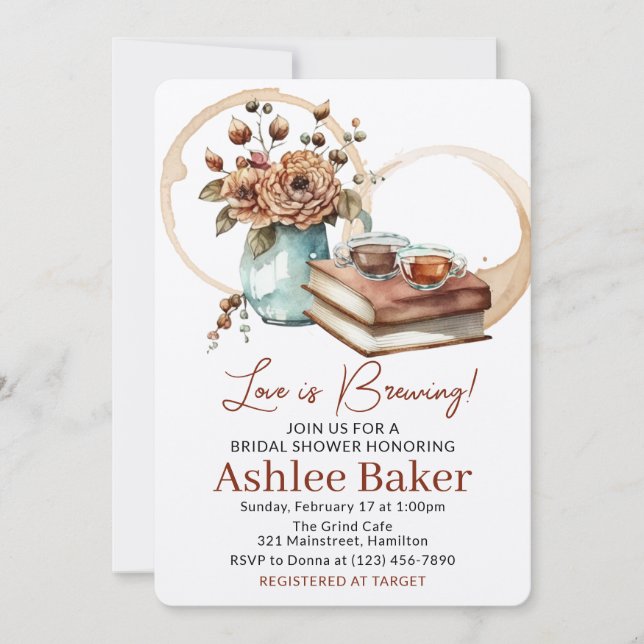 Love is Brewing Coffee Cup and Books Bridal Shower Invitation (Front)