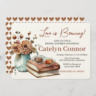 Love is Brewing Coffee Cup and Books Bridal Shower Invitation