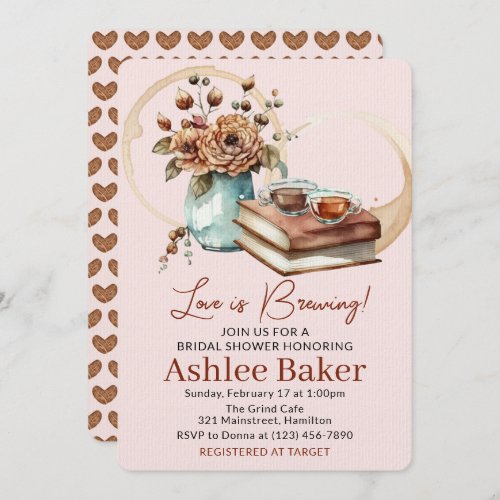 Love is Brewing Coffee Cup and Books Bridal Shower Invitation
