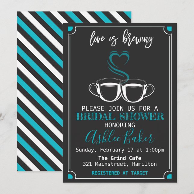 Love is Brewing Coffee Cups Chalkboard Turquoise  Invitation (Front/Back)