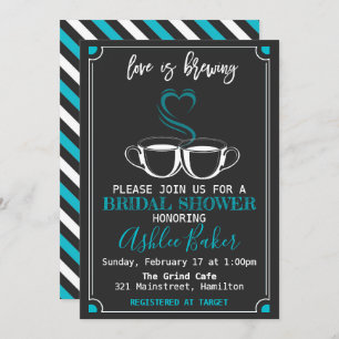 Love is Brewing Coffee Cups Chalkboard Turquoise Invitation