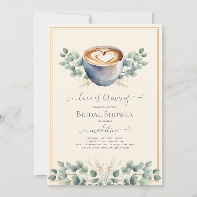Love is Brewing Coffee Eucalyptus Bridal Shower  Invitation (Front)