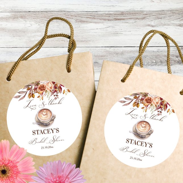 Love is brewing coffee fall bridal shower favor classic round sticker (Love is brewing coffee fall bridal shower thank you favor  sticker template)