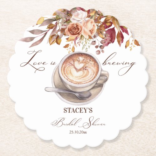 Love is brewing coffee fall bridal shower favors paper coaster