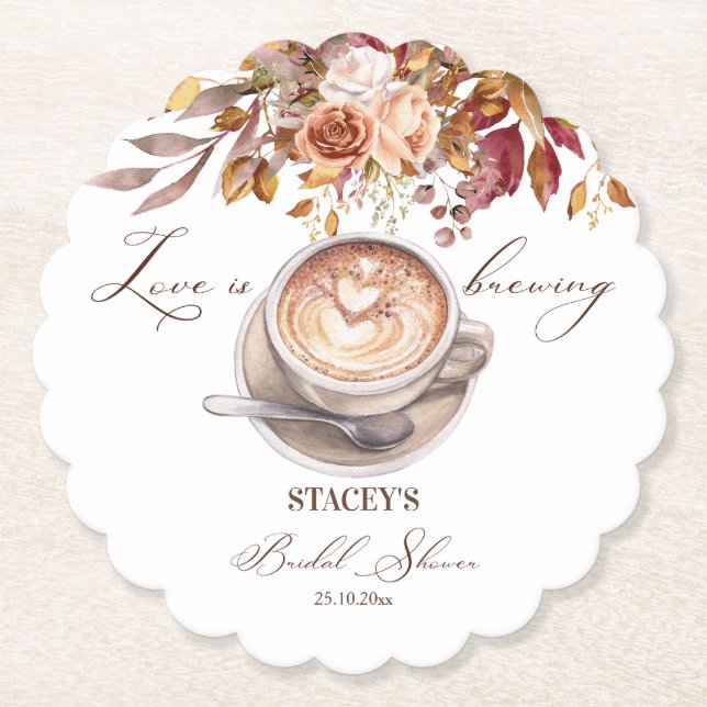 Love is brewing coffee fall bridal shower favors paper coaster (Front)