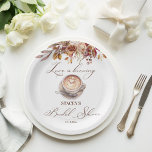 Love is brewing coffee fall bridal shower paper plates<br><div class="desc">Love is brewing coffee fall bridal shower monogram personalized printed paper plates template,  cappuccino  coffee cup brown roses fall flowers bridal shower personalized tableware</div>