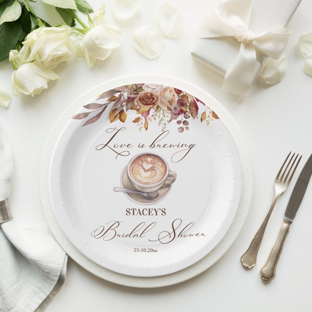 Love is brewing coffee fall bridal shower paper plates (Love is brewing coffee fall bridal shower personalized monogram printed paper plates table decor)