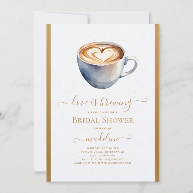 Love is Brewing Coffee Gold Bridal Shower Invitation (Front)