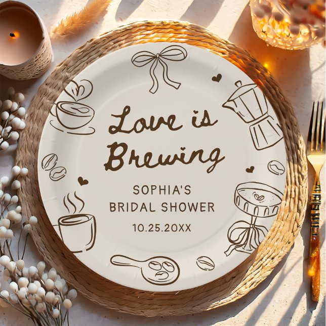 Love is Brewing Coffee Hand Drawn Bridal Shower Paper Plates (Creator Uploaded)