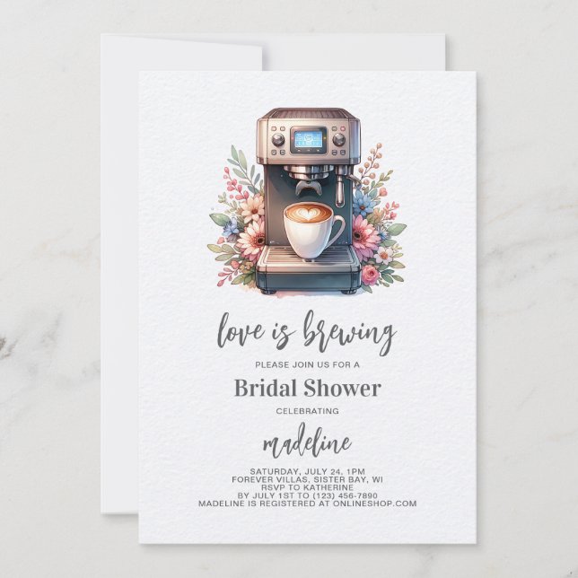 Love is Brewing Coffee Machine Bridal Shower Invitation (Front)