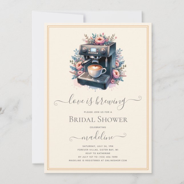 Love is Brewing Coffee Machine Bridal Shower Invitation (Front)